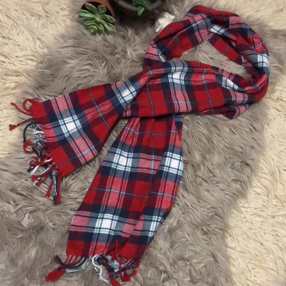 Italy Design “Cashmere Feel”Scarf-Red/White/Blue Plaid-Twisted Fringe-70x12-EUC